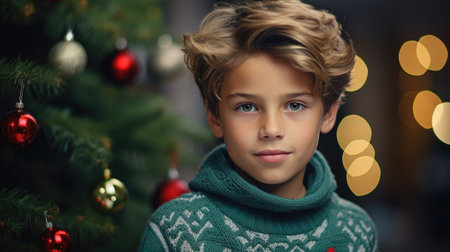 Portrait of a boy in a green sweater against the background of a Christmas tree.の素材
