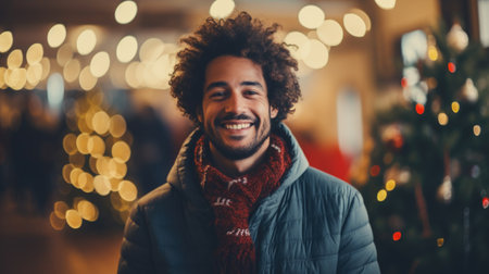 Portrait of handsome young man with afro hairstyle wearing warm clothing and smiling while standing at Christmas marketの素材