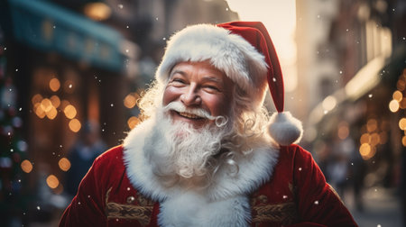 Portrait of happy santa claus standing on the street at christmas timeの素材