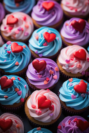 Colorful cupcakes with hearts on top. Shallow dof.の素材