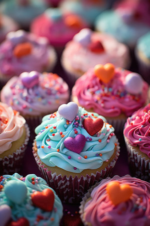 Colorful cupcakes decorated with hearts for Valentine's Day, close upの素材
