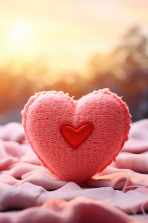 Soft toy heart on pink fabric with sunset. Valentines day backgroundの素材