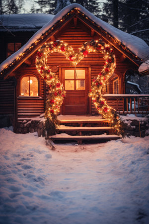 Christmas lights on the background of a wooden house in the winter forestの素材
