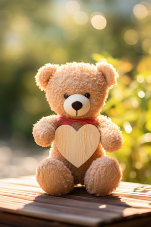 Teddy bear with heart on wooden background, valentines day conceptの素材