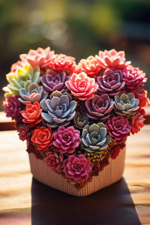 Colorful succulents in heart shaped vase on wooden tableの素材