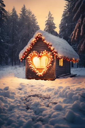 Lovely wooden house with heart-shaped lights in the winter forestの素材