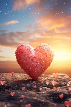 Red heart on sunset sky background. Valentines day concept. 3D Renderingの素材