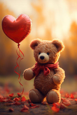 Teddy bear with red heart shaped balloon in the autumn forest.の素材