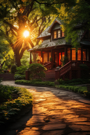 Beautiful old wooden house in the garden with sunlight at sunset.の素材