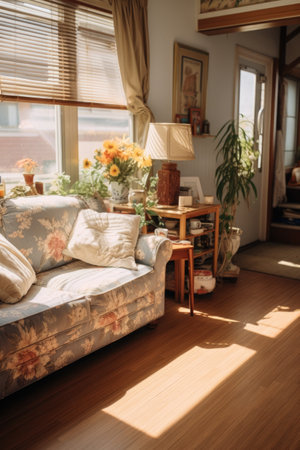Living room interior with sofa, table, books and flowers in sunlightの素材
