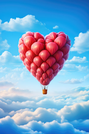 Heart shaped hot air balloon flying in the blue sky.の素材
