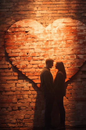 Silhouette of a loving couple in front of a brick wallの素材