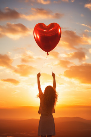 Young woman holding red heart shaped balloon on the background of the sunsetの素材