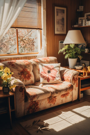 Interior of a living room with a sofa, lamp and flowersの素材