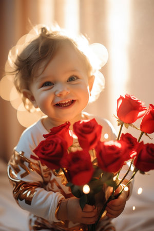 Cute little girl with a bouquet of red roses on a light backgroundの素材