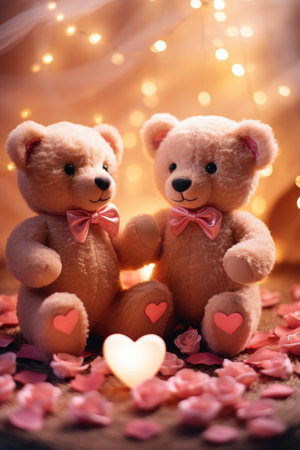 Two teddy bears on a wooden background with hearts and lights.の素材