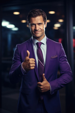 Portrait of a handsome young man in a purple suit showing thumbs up.の素材