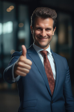 Portrait of a smiling businessman showing thumbs up with both hands.の素材