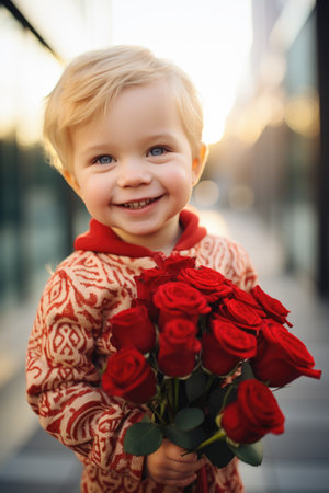 Portrait of a cute little boy with a bouquet of red rosesの素材