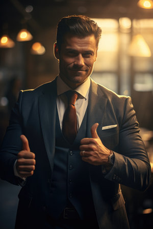 Handsome young man in suit is holding a credit card and smiling while standing in cafeの素材