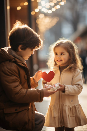Adorable little girl and her cute brother holding a heart shaped box with a giftの素材