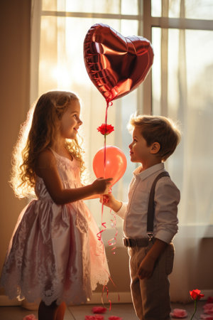 Cute little boy and girl with red heart-shaped balloons at homeの素材