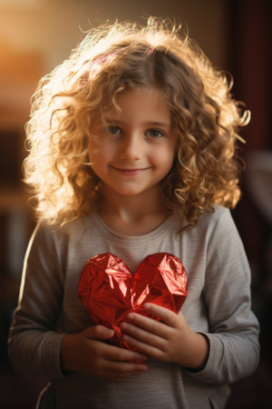 Portrait of a cute little girl with curly hair holding red heart in her hands.の素材