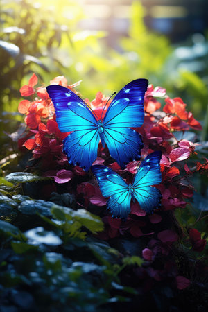 Beautiful blue butterfly in the garden with sunlight and bokehの素材