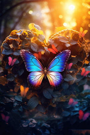 Butterfly in the heart-shaped basket on nature background.の素材