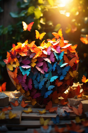 Butterflies made of colorful paper in the shape of a heartの素材