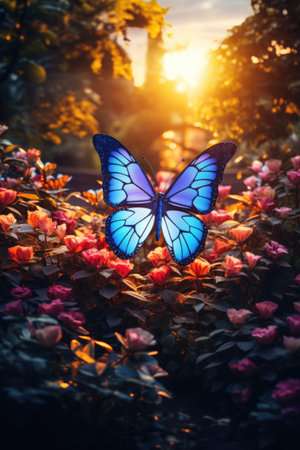 Butterfly in the garden at sunset. Colorful background.の素材