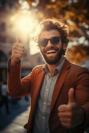 Cheerful young man in sunglasses showing thumbs up while standing outdoorsの素材