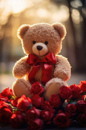 Teddy bear with red roses bouquet. Valentines day conceptの素材