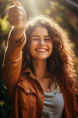 Close up portrait of a smiling young woman showing thumbs up sign outdoorsの素材