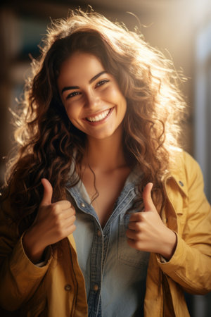 Portrait of a beautiful young woman with curly hair smiling and showing thumbs upの素材