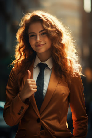 Beautiful young woman with curly red hair in a business suit on the background of the cityの素材