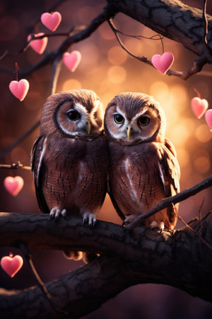 Two owls sitting on a tree branch with hearts in the backgroundの素材