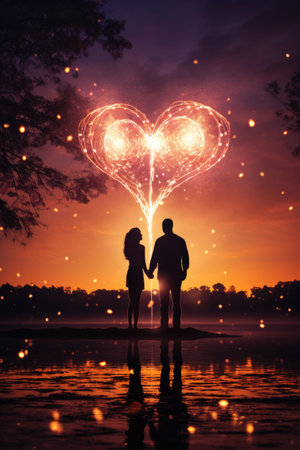 Silhouette of young couple in love holding hands and looking at each other on sunset backgroundの素材