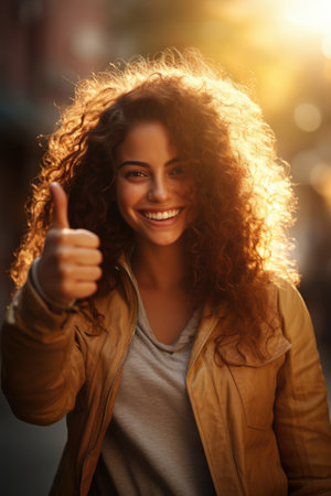 Portrait of beautiful young woman with curly hair showing thumbs up outdoorsの素材