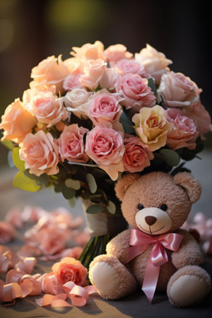 Bouquet of pink roses and teddy bear on the tableの素材