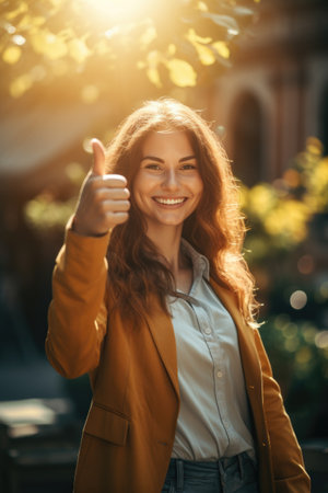 Portrait of a young woman showing thumbs up in the city.の素材