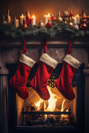Christmas stockings in front of a fireplace with a burning fire.の素材