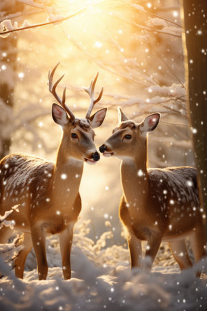 Two whitetail deer in the snowy forest at sunset. Winter landscape.の素材