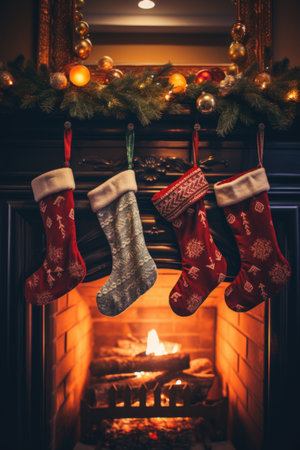 Christmas socks in front of fireplace at home. Christmas and New Year holidays concept.の素材