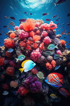 Colorful tropical coral reef with fish underwater in the Red Sea.の素材