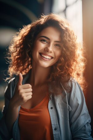 Portrait of a smiling young woman with curly hair showing thumbs upの素材