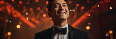 smiling asian man in tuxedo and bow tie with confetti in nightclubの素材