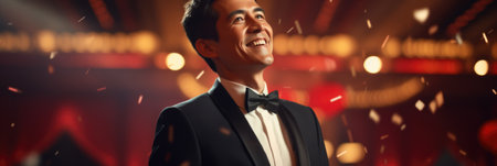 Portrait of a handsome man in a tuxedo dancing on stage.の素材