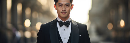 Portrait of young handsome Asian man in tuxedo and bow tieの素材