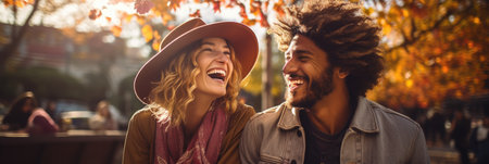 Cheerful couple having fun in autumn park. They are laughing and looking at each other.の素材